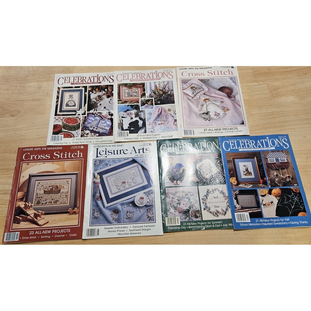 Vintage Leisure Arts Cross Stitch Magazine Lot of 7 Celebrations 1989-1991